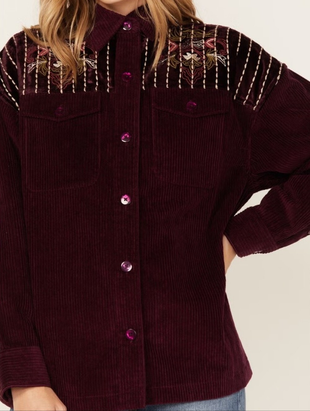 Cleo + Wolf Boho-Western Corduroy Embroidered Multi-Pocket Shacket - Burgundy L